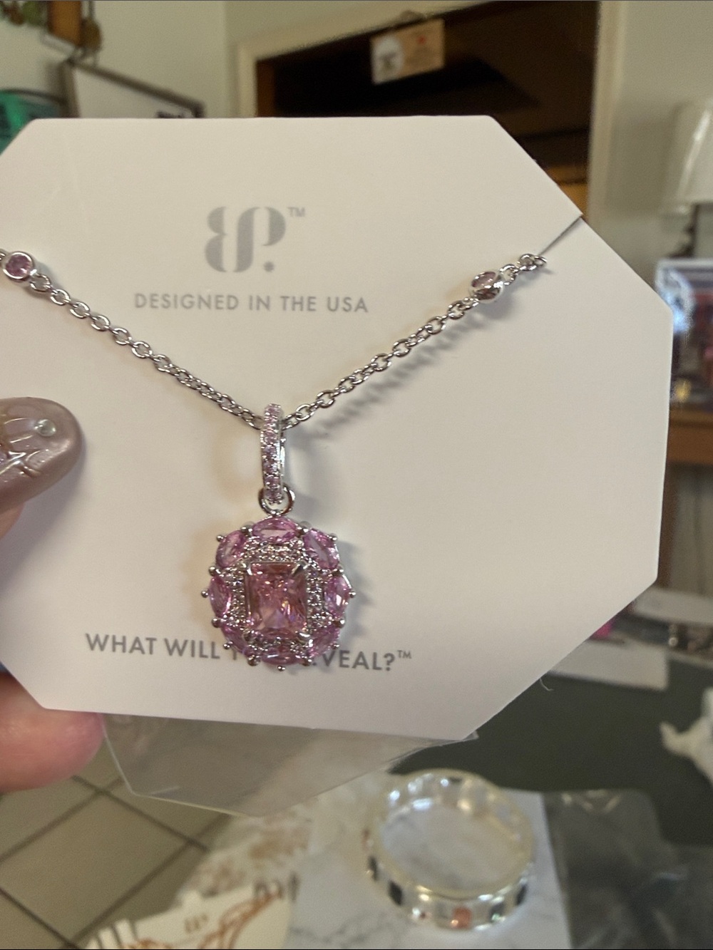 Pink Crystal Halo Pendant Necklace with Silver-Tone Chain